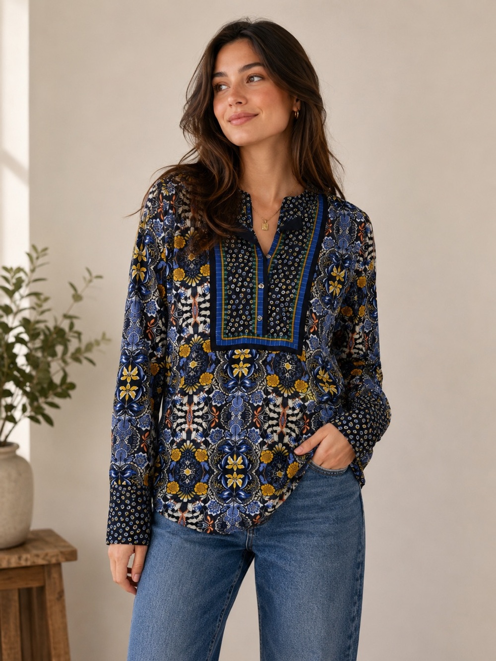 Loft Autumn Dream Henley Top Medallion Print Sz Small